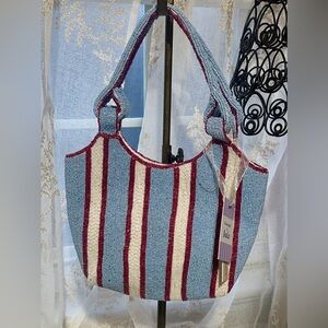 Made in India pink and blue striped beaded bag
